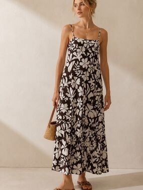 Paper Heart White/brown Floral Maxi Dress Strappy Eurosummer Coast Resort Boho